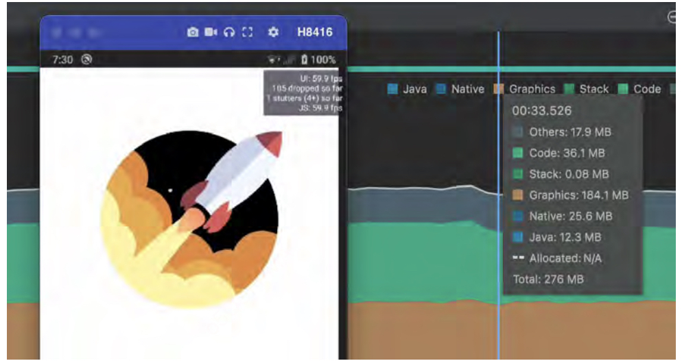 Rive playing our animation at roughly 60 FPS both on JS and UI threads